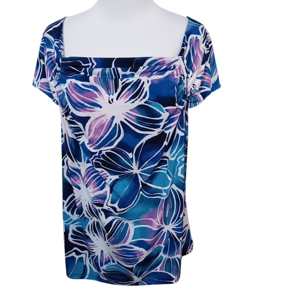 JONES NEW‎ YORK Stretchy Square Neck Top Blouse XL Career Tropical Floral Travel